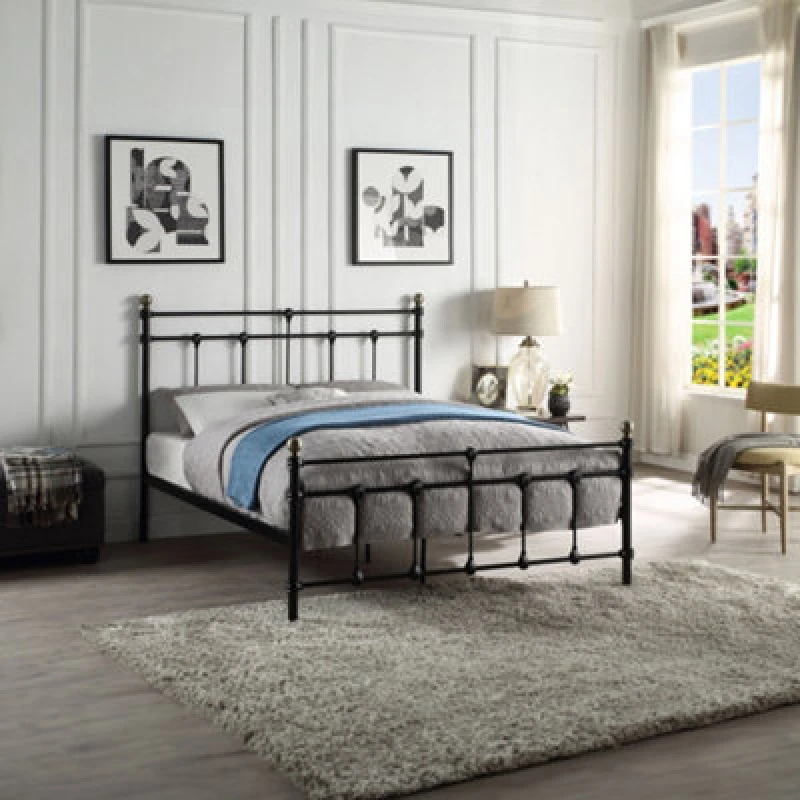 Image of SlumberWorx Bayford Traditional Black With Brass Knobs King Size Metal Bed Frame