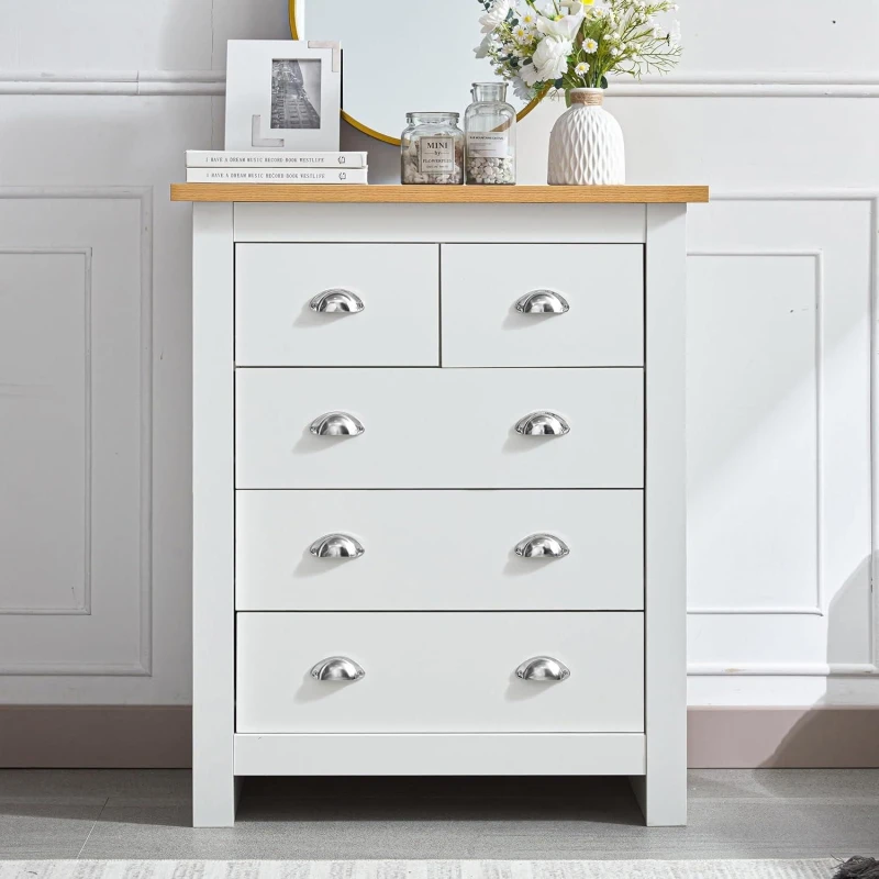 Image of Kosy Koala 5-drawer Dresser With Light Wood Top, White Bedroom Storage Chest, Silver Handles, W79Cm, Multi OTIS 5 DRAWER