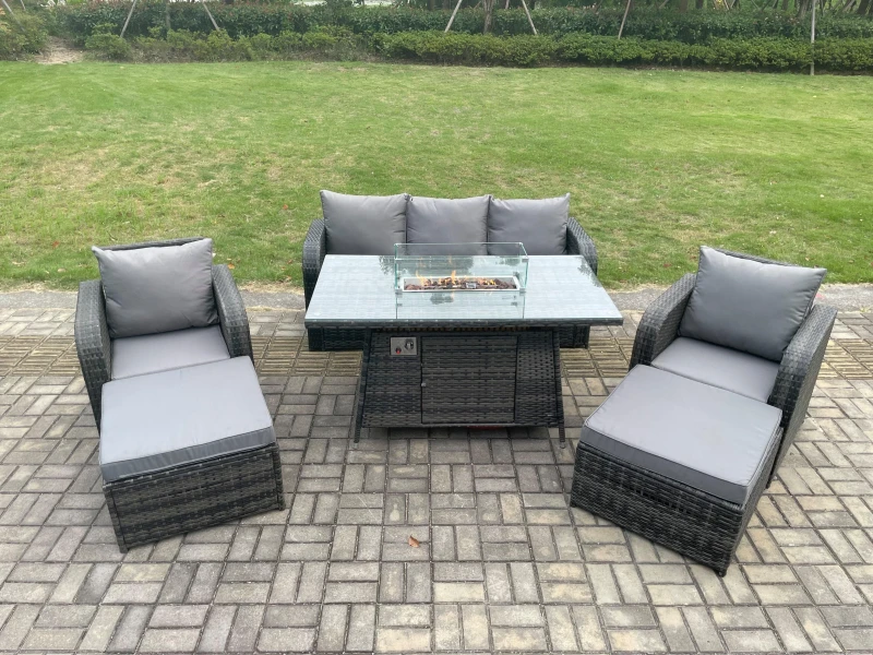 Image of Fimous Rattan Outdoor Garden Furniture Sofa Set Gas Fire Pit Dining Table Gas Heater with 2 Big Footstool Dark Grey Mixed Dark Grey