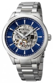 Image of Festina Mens Automatic Skeleton Steel Bracelet Blue Watch