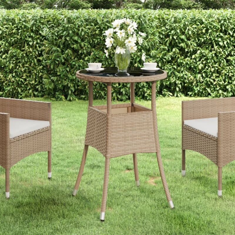 Image of VIDAXL Garden Table Ø60x75cm Tempered Glass and Poly Rattan Beige Vidaxl 8720286089781