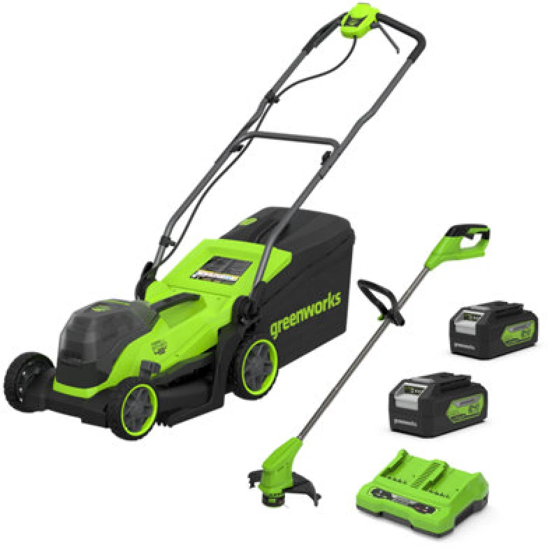 Image of Greenworks Twin 24v Cordless Lawnmower 360mm and 24v Grass Trimmer 250mm MTCK24B421-01 Batteries: 2 x 4ah Li-ion
