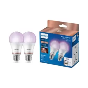 Image of Philips Wiz E27 60W LED Cool White, RGB & Warm White A60 Smart Light Bulb, Pack Of 2