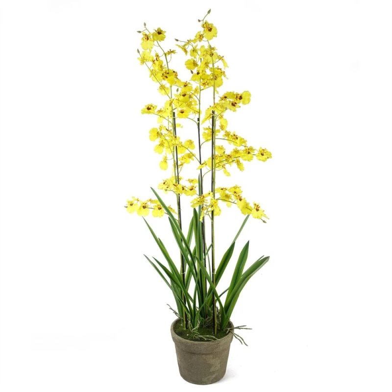Image of Leaf Artificial Orchid Yellow in Stoneware Planter Botanik Green