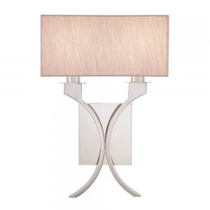 Image of 2 Light Indoor Twin Candle Wall Light Polished Nickel Plate with Beige Shades, E14