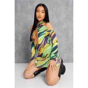 Image of I Saw It First Green Petite Printed Wrap Over Halterneck Long Sleeve Mini Dress - Green