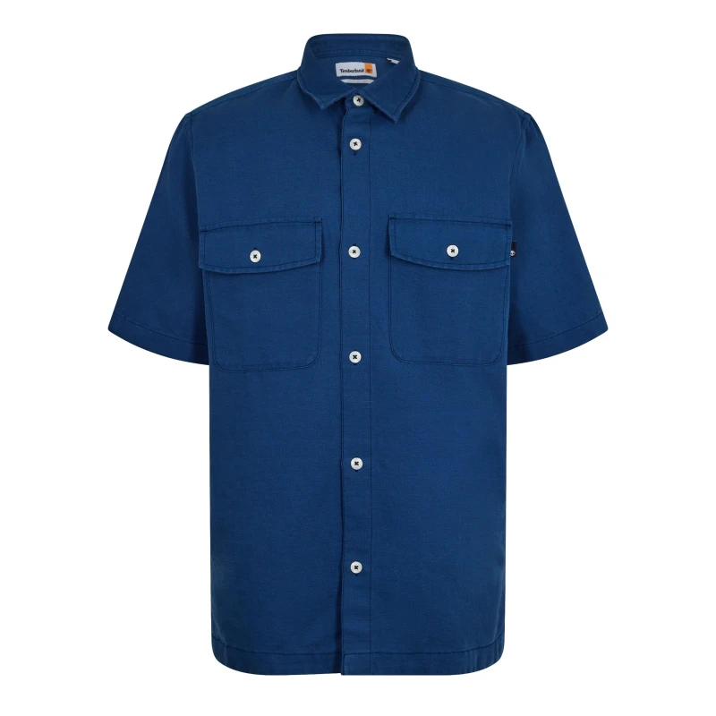 Image of Timberland Mens Linen Utility Overshirt Cotton Short Sleeve Shirt Dark Denim male S