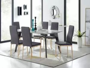 Image of Andria Marble Effect Dining Table With Black Legs & 6 Milan Velvet Gold Leg Chairs