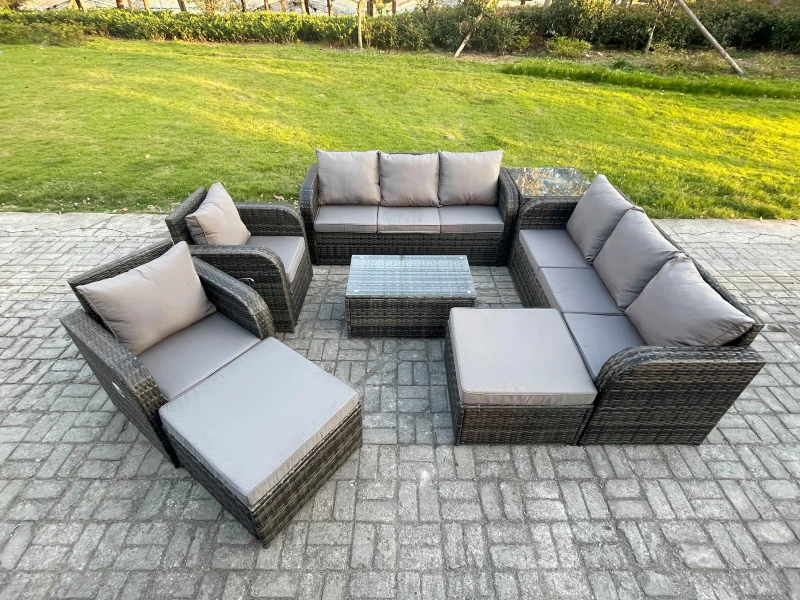 Image of Fimous 10 Seater Rattan Outdoor Garden Furniture Sofa Set Patio Table & Chairs Set with 3 Seater Sofa Reclining Chair 2 Big Footstool 3 Seater Sofa Da
