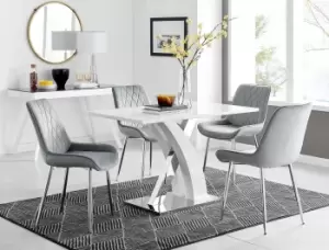 Image of Atlanta White High Gloss and Chrome 4 Seater Dining Table with X Shaped Legs and 4 Soft Velvet Pesaro Chairs