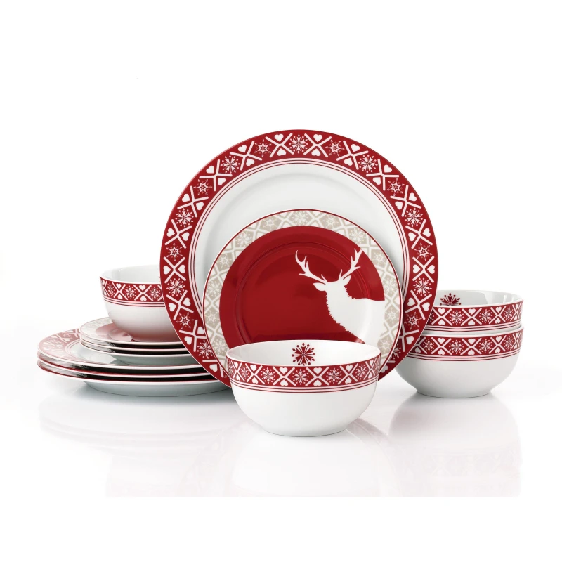 Image of Waterside 12PC Nordic Reindeer Porcelain Dinner Set Multi unisex ONE SIZE