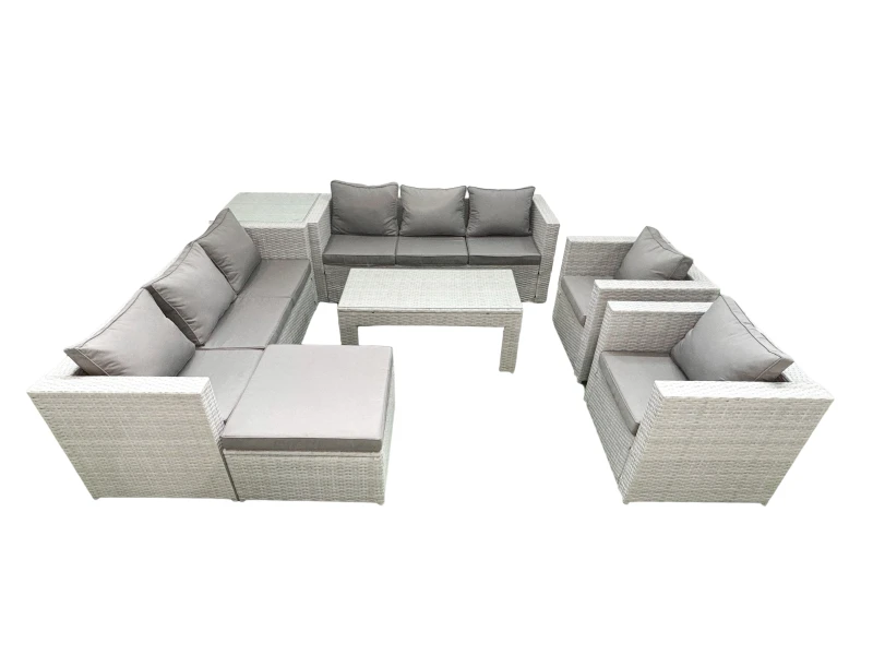 Image of Fimous Outdoor Garden Furniture Rattan Sofa Set with 2 Armchairs Oblong Coffee Table Big Footstool Side Table Light Grey Mixed Light Grey