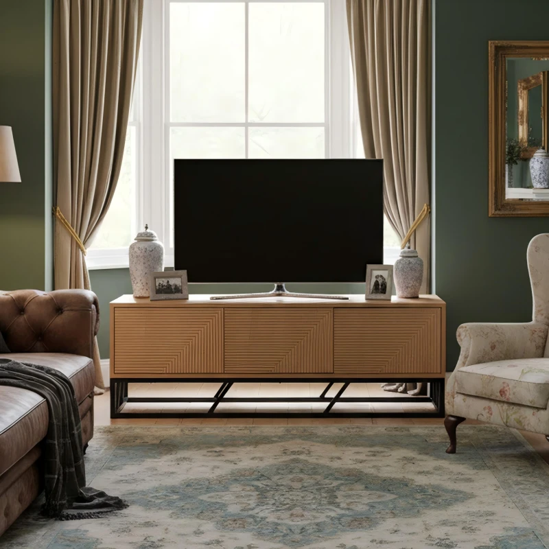 Image of Biba Mabel Grooved Oak Colour Wooden TV Unit 3 Doors Brown unisex One Size