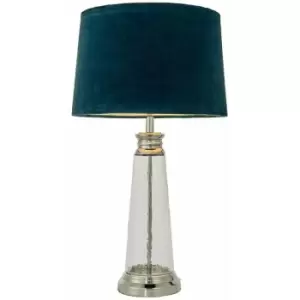 Image of Luxury Table Lamp Textured Hammered Clear Glass & Teal Velvet Fabric Shade Light