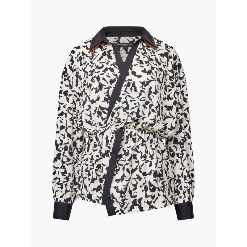 Image of French Connection Womens Domasco Twist Popover Long Sleeve Blouse Black/Cream female 8 (XS)