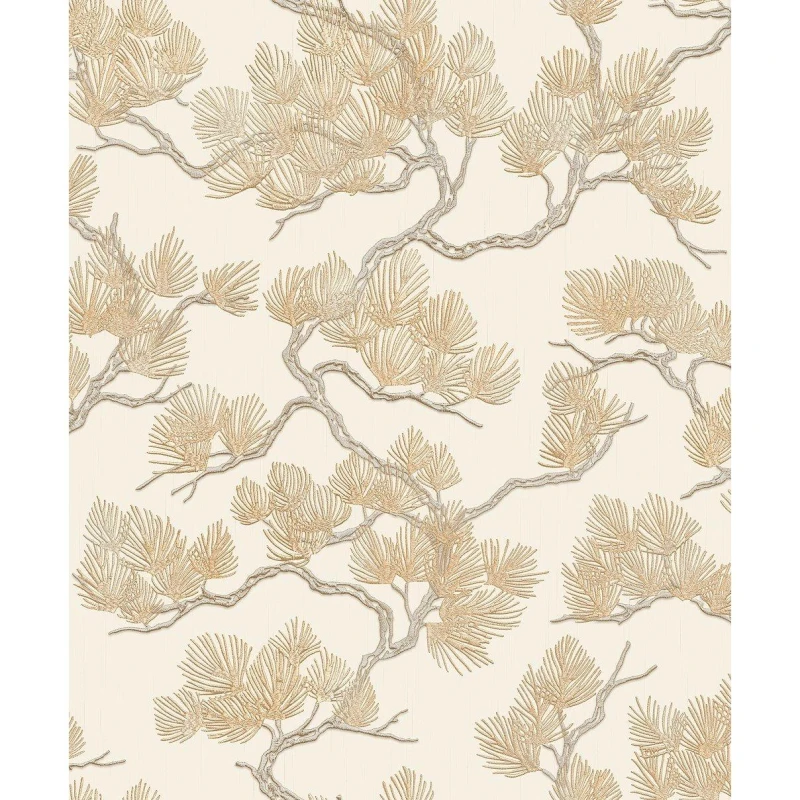 Image of DUTCH WALLCOVERINGS Cream Gold Pine Tree Wallpaper Textured Embossed Metallic Paste The Wall Vinyl 8809660036563