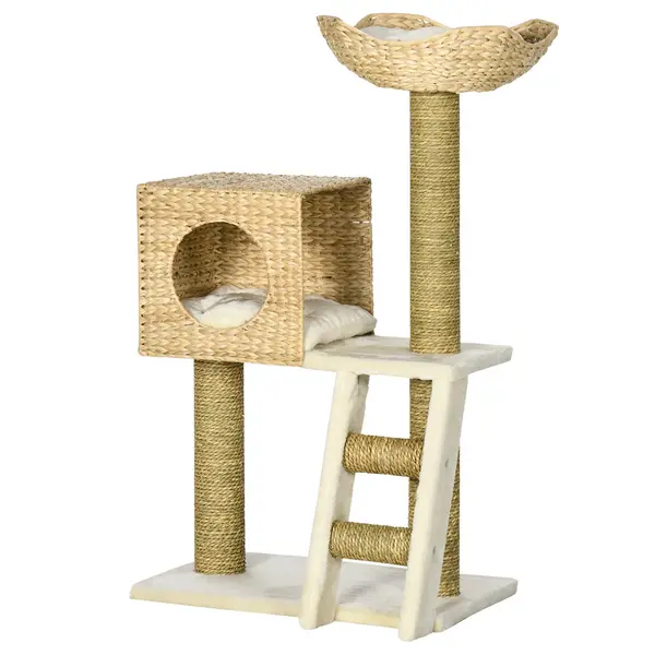 Image of PawHut Cat Tree for Indoor Cats Kitten Tower Cattail Weave with Scratching Posts, Cat House, Bed, Ladder, Washable Cushions, Natural Finish