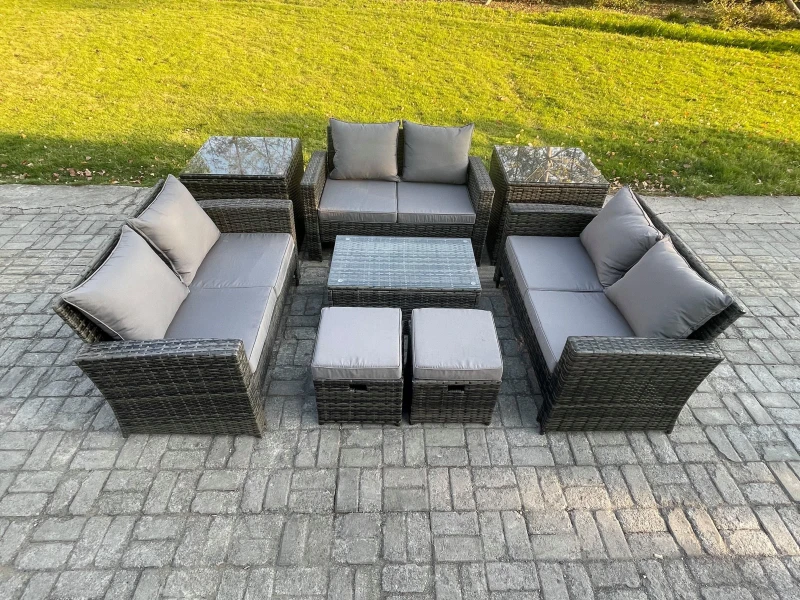 Image of Fimous 8pc Rattan Sofa Garden Furniture Outdoor Patio Set with 2 Side Tables 2 Small Footstools Love Seat Sofa Dark Grey Dark Grey Unisex