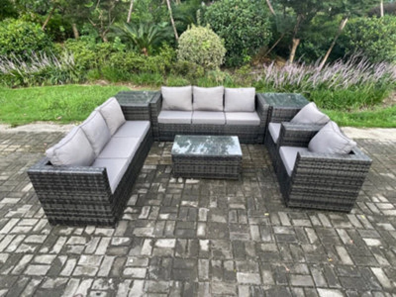 Image of Fimous Wicker PE Rattan Sofa Set Outdoor Patio Garden Furniture with 2 Armchairs Oblong Coffee Table 2 Side Tables Dark Grey