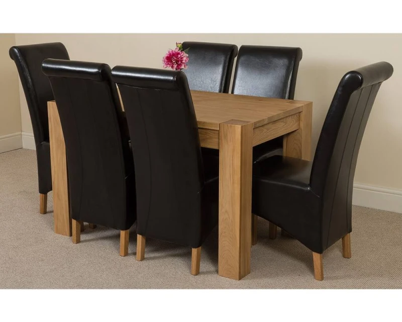 Image of Thats Furniture Kuba 125 x 80cm Chunky Oak Small Dining Table & 6 Montana Leather Chairs in Black Unisex 125 x 80 cm