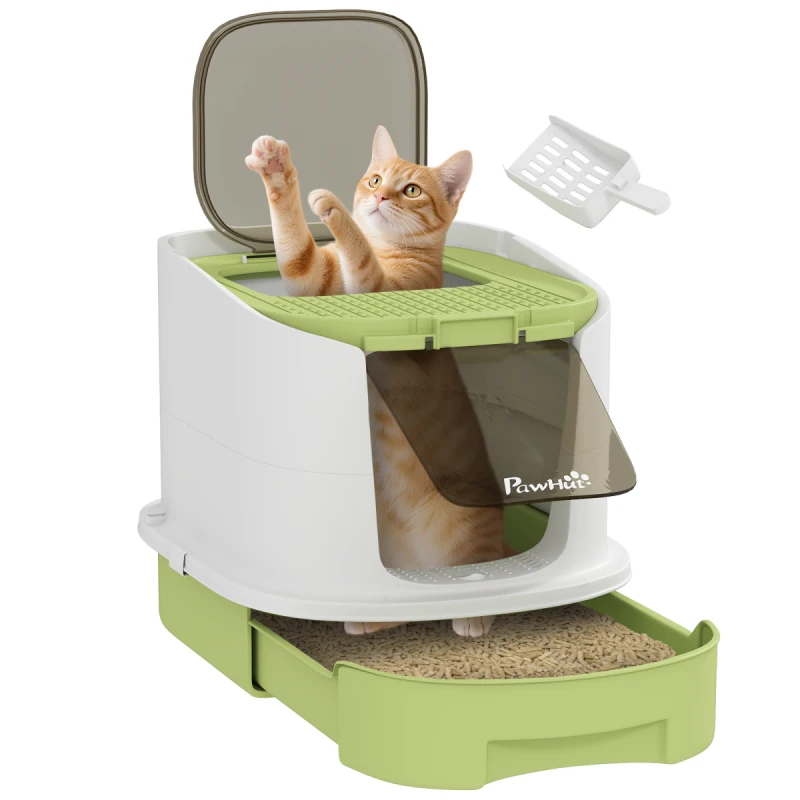 Image of PawHut Cat Litter Box, Hooded Cat Litter Tray with Lid, Scoop, Green D31-102V00GN