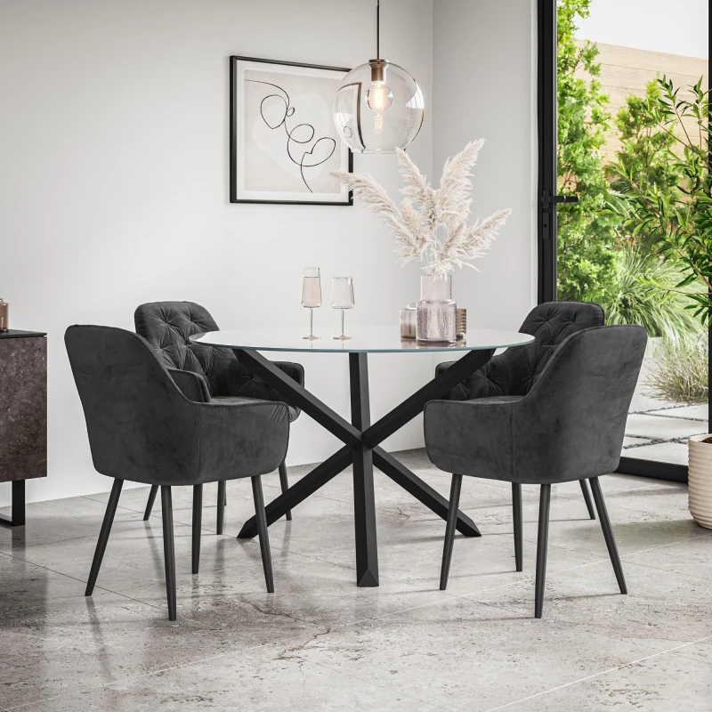 Image of More4Homes Malvern Round Dining Table And Chairs - Clear Glass Table Top W Solid Black Oak Legs + Anika Velvet Dining Chair Set Of 4 (Black)