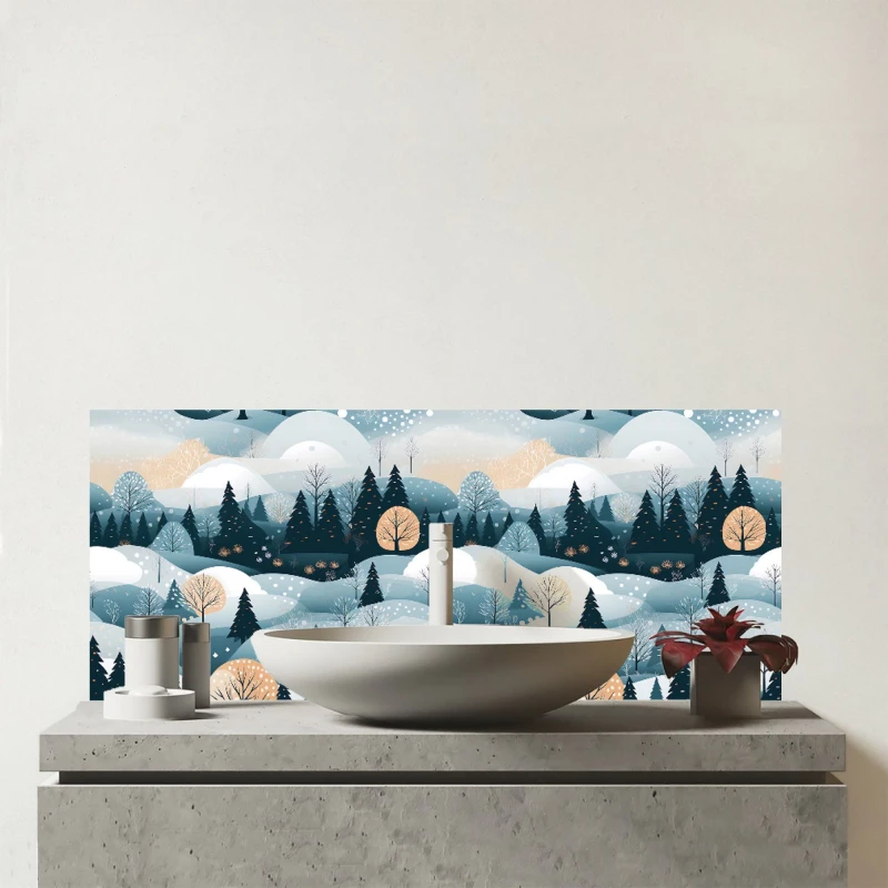 Image of Warren Reed - Designer Dreamy Snowy Christmas Scene Glass Bathroom Splashback in White White Unisex