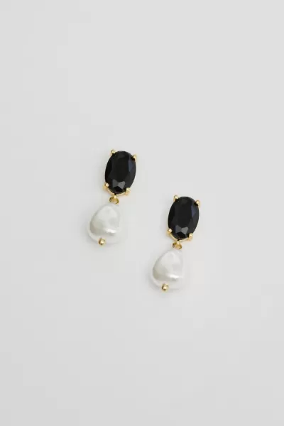 Image of Gold Plated Cubic Zirconia Jet Stone And Pearl Drop Earrings