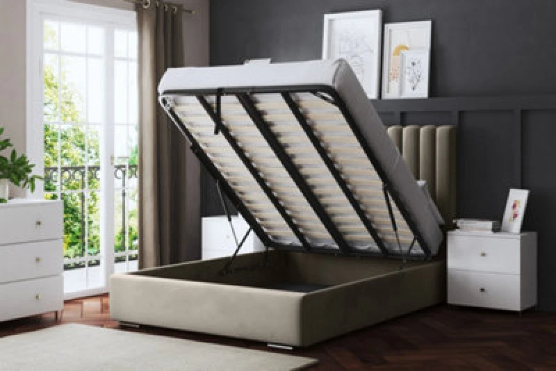 Image of DS LIVING Evangeline Cream Upholstered Panel Bed With Ottoman Metal Gas Lift Small Double AM_TUBESOB_SDB_CRE