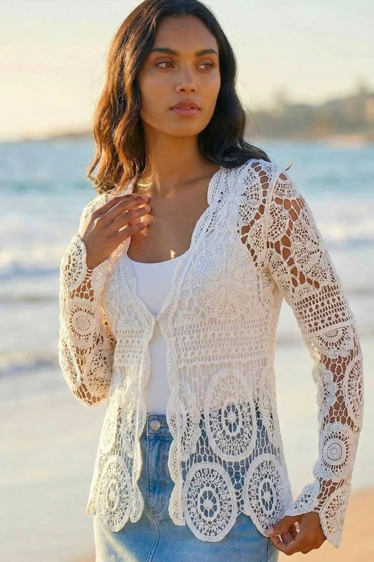 Image of Roman Womens Crochet Tie Front Knit Cardigan in Ivory Size: Large Ivory Female L