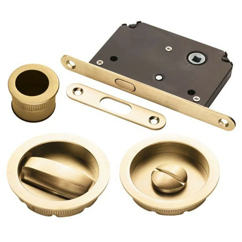 Image of Loops Sliding Bathroom Door Flush Pull Set Turn and Release Lock Satin Brass Metallics unisex