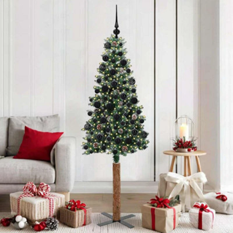 Image of vidaXL Slim Christmas Tree with 300 LEDs, Black Balls Green and White 180 cm, Green 3394900