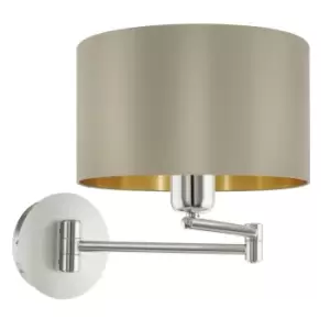Image of Wall Light Satin Nickel Moveable Stem Shade Taupe Gold Fabric Bulb E27 1x60W
