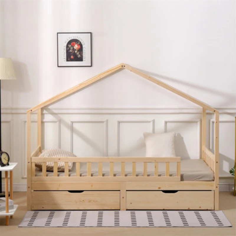 Image of Furniturehmd 3ft Solid Wood Kids Bed Single Bed Frame With 2 Storage Drawers Tree House Bed Natural
