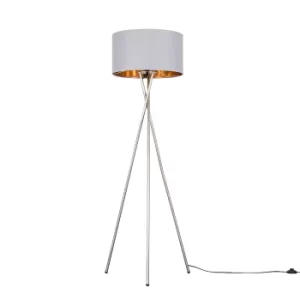 Image of Camden Brushed Chrome Tripod Floor Lamp with XL Grey and Gold Reni Sha