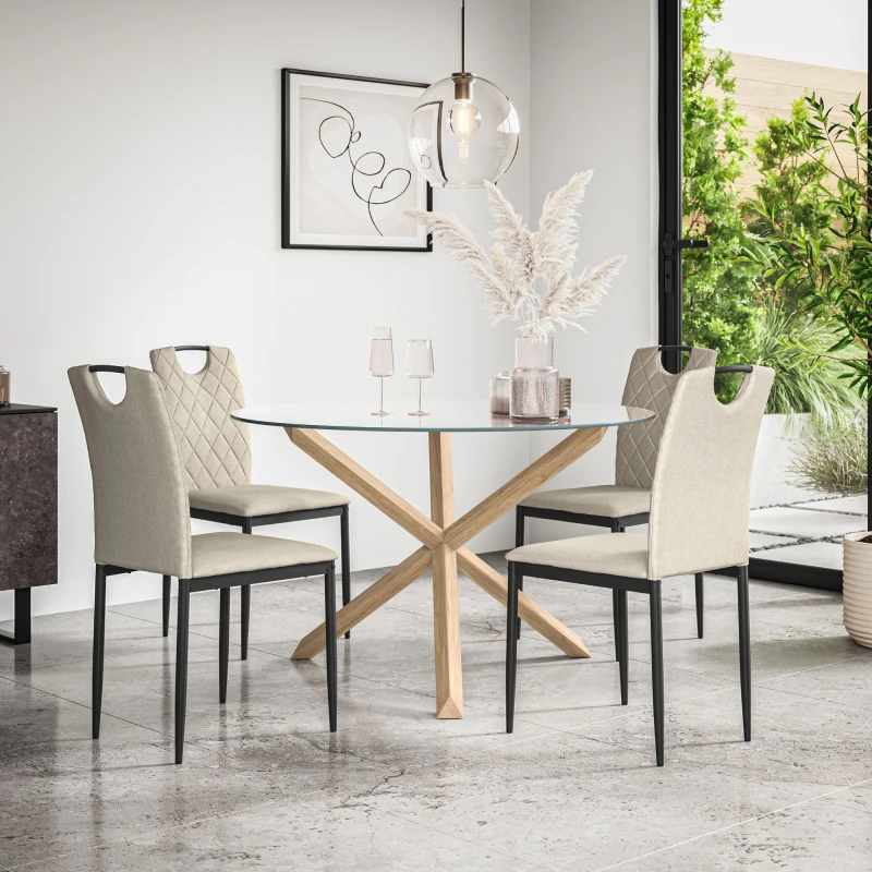 Image of More4Homes Malvern Round Dining Table And Chairs - Clear Glass Table Top W Solid Oak Legs + Monza Fabric Dining Chair Set Of 4 (Beige)