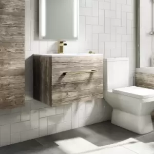 Image of 600mm Wood Effect Wall Hung Vanity Unit with Basin and Brass Handle - Ashford