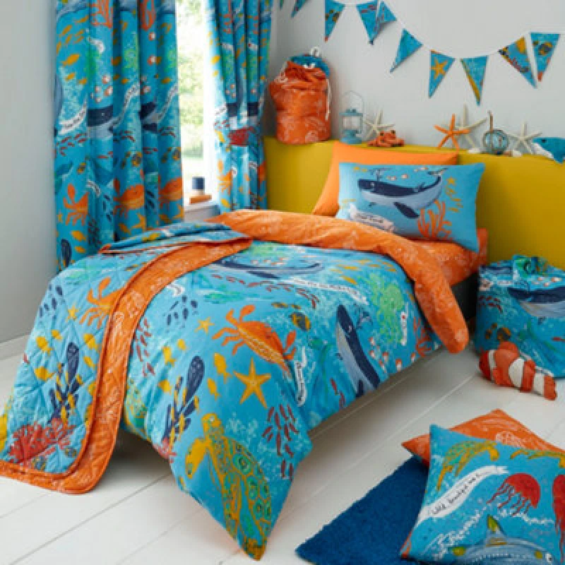Image of Happy Linen Company Kids Ocean Friends Sealife Reversible Duvet Cover Quilt Bedding Set Blue