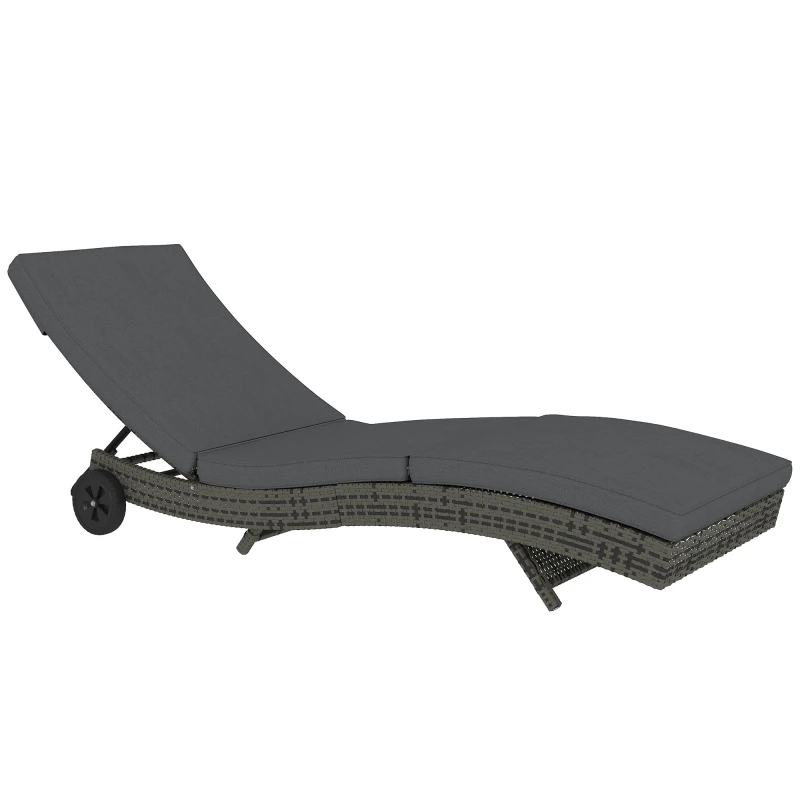 Image of Outsunny Outsunny Outdoor Rattan Sun Lounger with Reclining Back, Wheels, Dark Grey