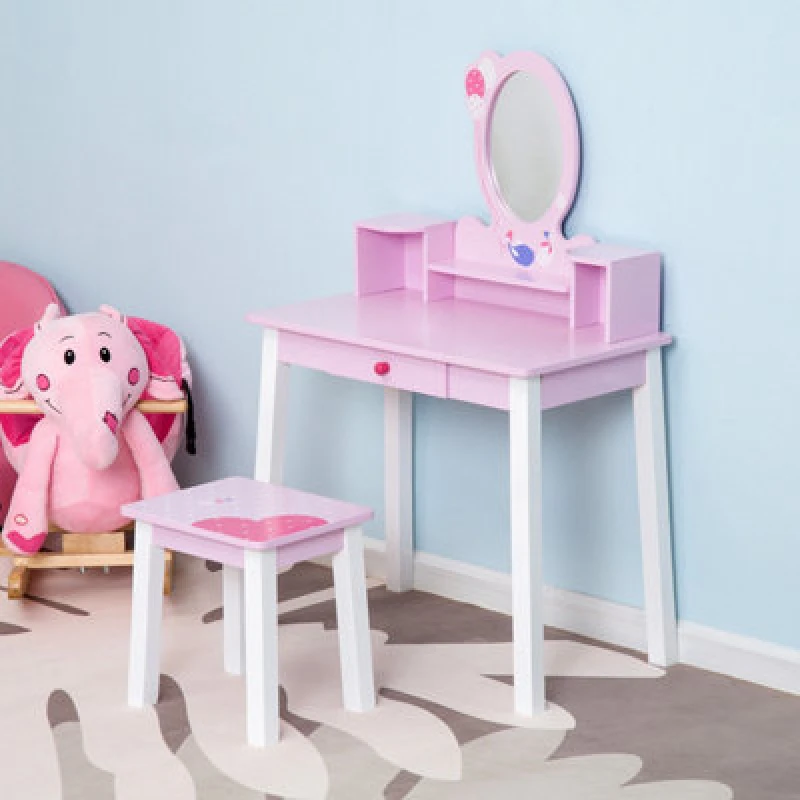 Image of Homcom Kids Dressing Table And Stool Set Make Up Desk With Storage (Pink)