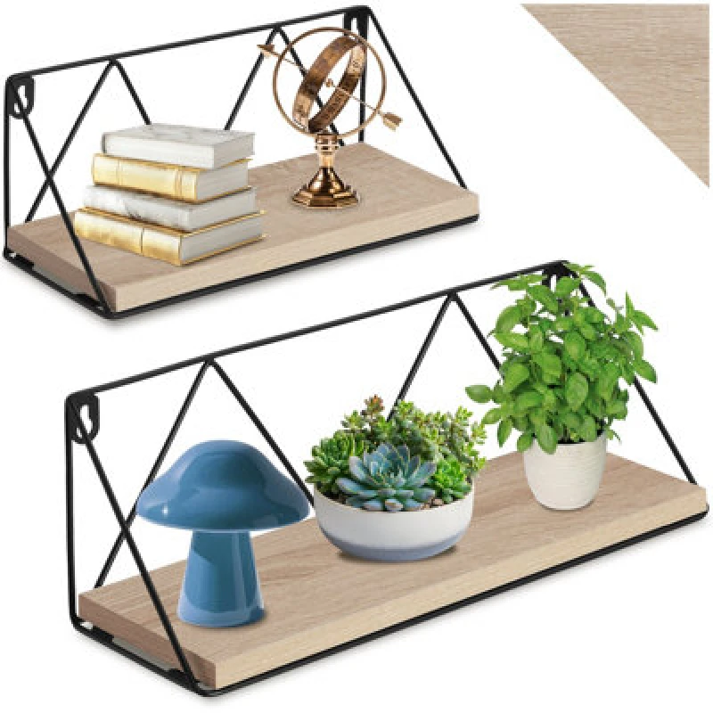 Image of Tectake Wall Shelves - Set Of 2, Wooden, Decorative Metal Brackets, High Load-Capacity - Industrial Wood Light, Oak Sonoma