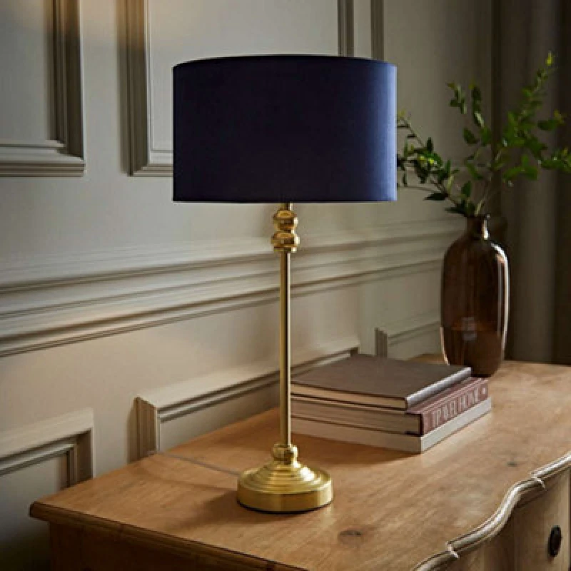 Image of ValueLights ValueLights Maggie Gold Metal Candlestick Slim Table Lamp with Velvet Drum Lamp Shade in Navy Navy One Size Unisex 5059406046155