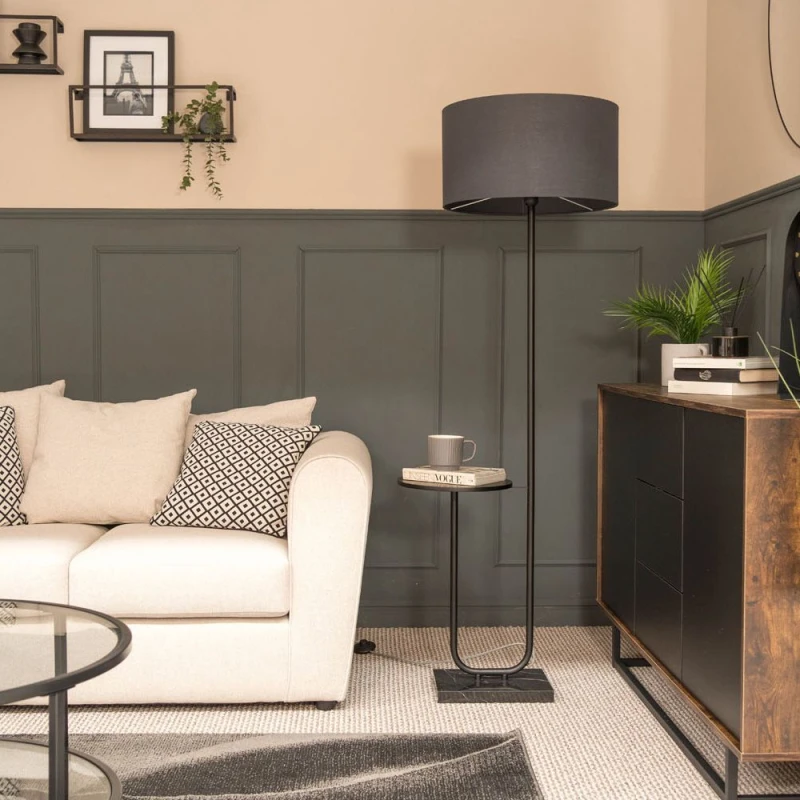 Image of ValueLights Tavel Black Marble Base Floor Lamp With Table And Large Charcoal Grey Shade Black