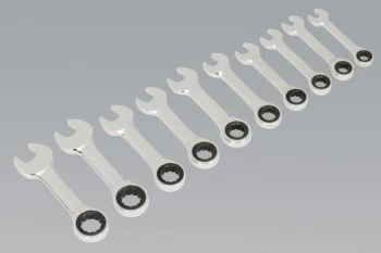 Image of Sealey AK6396 Combination Ratchet Spanner Set 10pc Stubby Metric