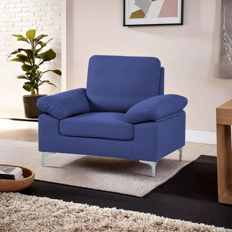 Image of Kosy Koala Modern One Seater Sofa Blue Fabric With Chrome Feet - Comfortable Couch With Cushion, Multi ELISE BL 1 SOFA