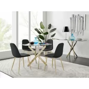 Image of Furniturebox UK - Furniturebox Novara Gold Metal And Glass 100cm Round Dining Table And 4 Black Corona Faux Leather Dining Chairs with Gold Legs
