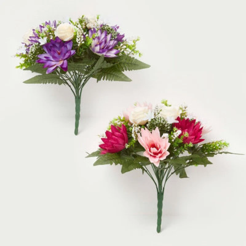 Image of Homescapes Set Of 2 Artificial Pink & Purple Handcrafted Rose & Lotus Flower Bouquets, 35 X 30 Cm