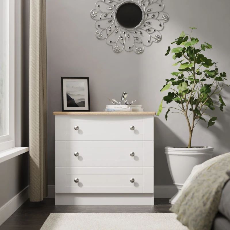 Image of Santander Ready Assembled Matt White & Oak 3 Drawer Wide Chest (H)692mm (W)765mm (D)415mm