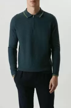 Image of Super Soft Steel Blue Tipped Texture Knitted Zip Polo Shirt