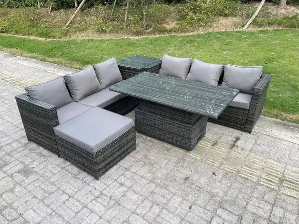 Image of Fimous 6 Seater Outdoor Dark Grey Rattan Lounge Complete Sofa Set with Adjustable Lifting Dining Table and Big Footstool